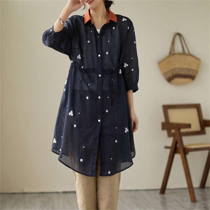 ロングシャツ シャツ レディース ロング丈 前開き ロングカーディガン カーディガン 薄手 七分袖 綿 麻 コットン リネン 透け感 配色 アウター 花柄 UVカット ロングシャツ シャツ レディース ロング丈 前開き ロングカーディガン カーディガン 薄手 七分袖 綿 麻 コットン リネン 透け感 配色 アウター 花柄 UVカット