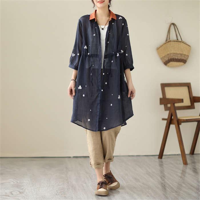 ロングシャツ シャツ レディース ロング丈 前開き ロングカーディガン カーディガン 薄手 七分袖 綿 麻 コットン リネン 透け感 配色 アウター 花柄 UVカット ロングシャツ シャツ レディース ロング丈 前開き ロングカーディガン カーディガン 薄手 七分袖 綿 麻 コットン リネン 透け感 配色 アウター 花柄 UVカット