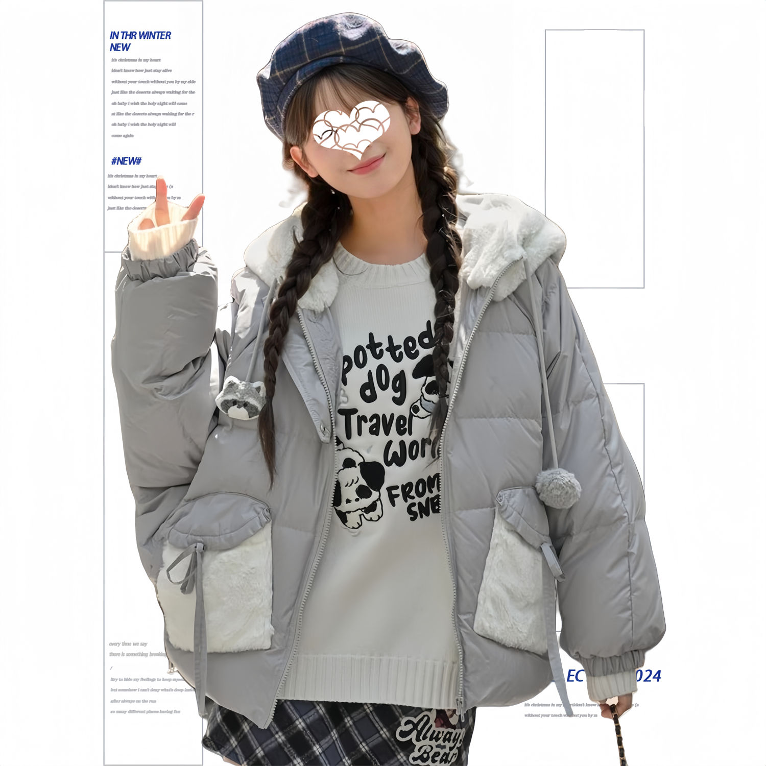 ウサギの耳を厚くしたぬいぐるみ冬のフードコート綿入れパン着かわいいダウンジャケット冬