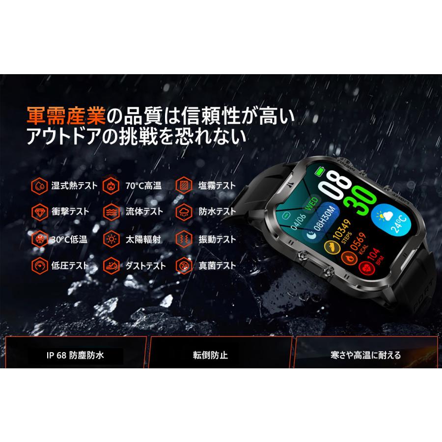 ２点で1oo円OFF！【本日限定激安格】スマートウォッチ 測定機能 軍用規格 1.96インチ大面画 懐中電灯 SOS 心拍数 着信通知 睡眠監視 歩数 24時間健康管理 IP68防水 センサー ギフト