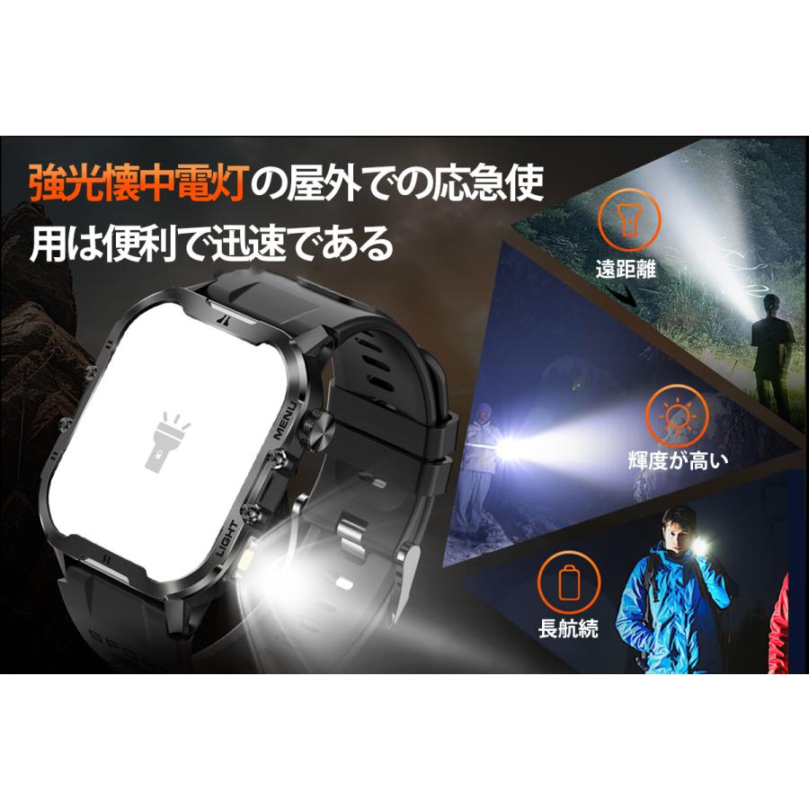 ２点で1oo円OFF！【本日限定激安格】スマートウォッチ 測定機能 軍用規格 1.96インチ大面画 懐中電灯 SOS 心拍数 着信通知 睡眠監視 歩数 24時間健康管理 IP68防水 センサー ギフト