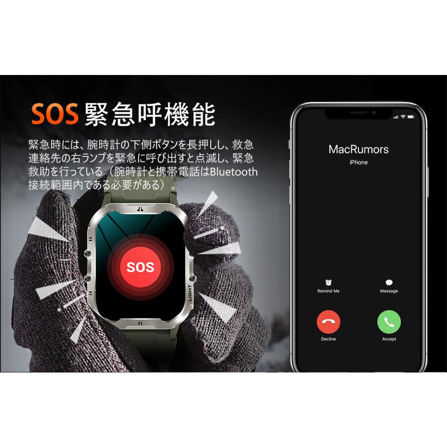 ２点で1oo円OFF！【本日限定激安格】スマートウォッチ 測定機能 軍用規格 1.96インチ大面画 懐中電灯 SOS 心拍数 着信通知 睡眠監視 歩数 24時間健康管理 IP68防水 センサー ギフト