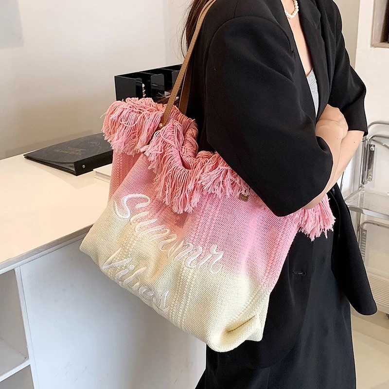 レディーストートバック大容量可愛いフリンジショルダーバッグ織物韓国ファッションキャリーバッグズック福袋