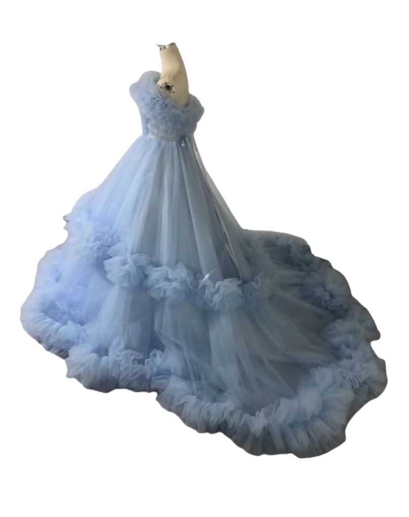 ブルー カラードレス 取り外しオフショルダー ラッフルフリル 華やかなトレーン 前撮り