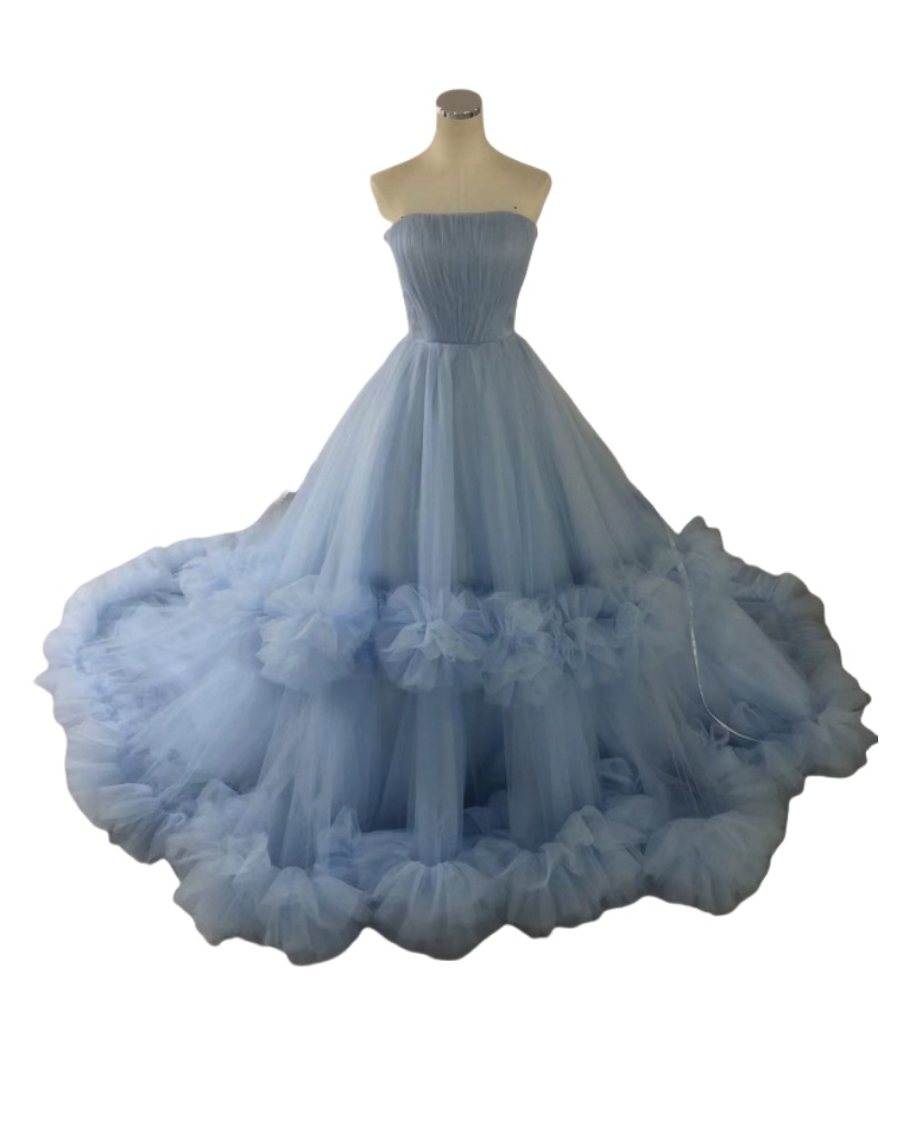 ブルー カラードレス 取り外しオフショルダー ラッフルフリル 華やかなトレーン 前撮り