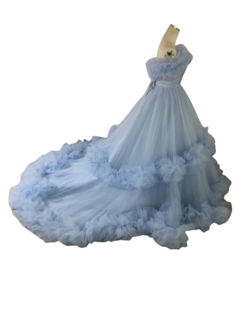 ブルー カラードレス 取り外しオフショルダー ラッフルフリル 華やかなトレーン 前撮り