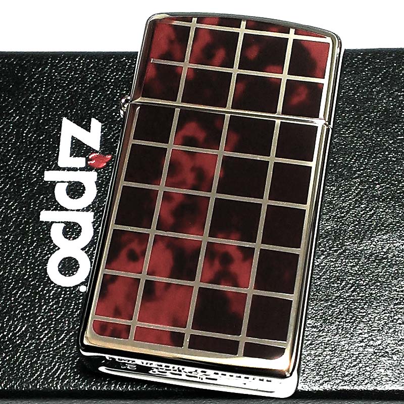 ZIPPO スリム ジッポ ライター シルバー＆レッド チェック マーブル柄 かっこいい おしゃれ メンズ レディース 女性