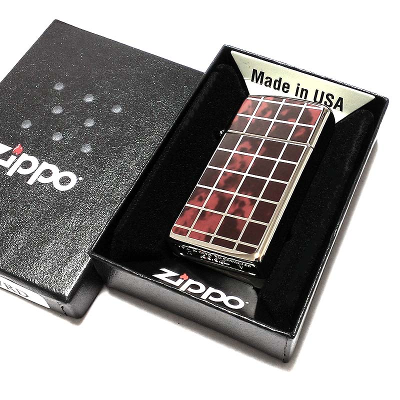ZIPPO スリム ジッポ ライター シルバー＆レッド チェック マーブル柄 かっこいい おしゃれ メンズ レディース 女性
