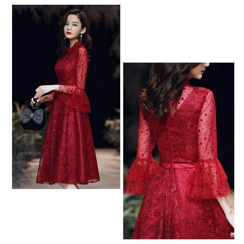 ウエディングドレス aラインワンピース 立ち襟 パーティードレス ミモレ丈ドレス 大きいサイズ 結婚