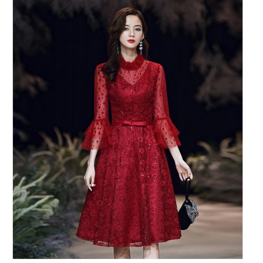 ウエディングドレス aラインワンピース 立ち襟 パーティードレス ミモレ丈ドレス 大きいサイズ 結婚