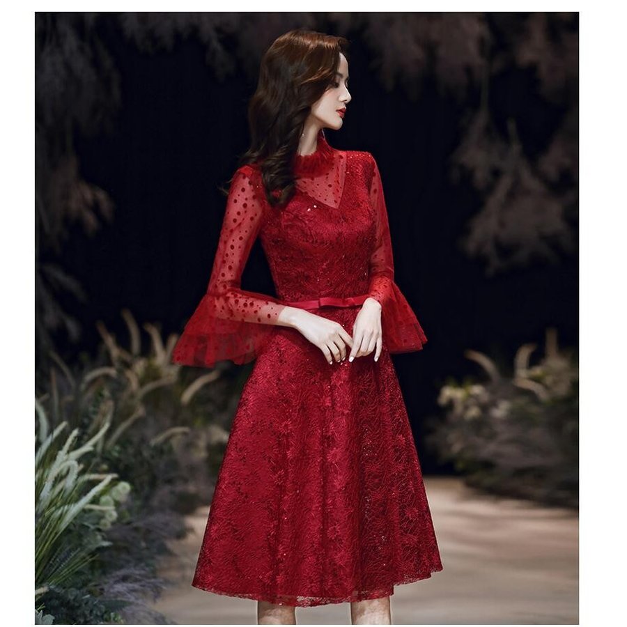 ウエディングドレス aラインワンピース 立ち襟 パーティードレス ミモレ丈ドレス 大きいサイズ 結婚