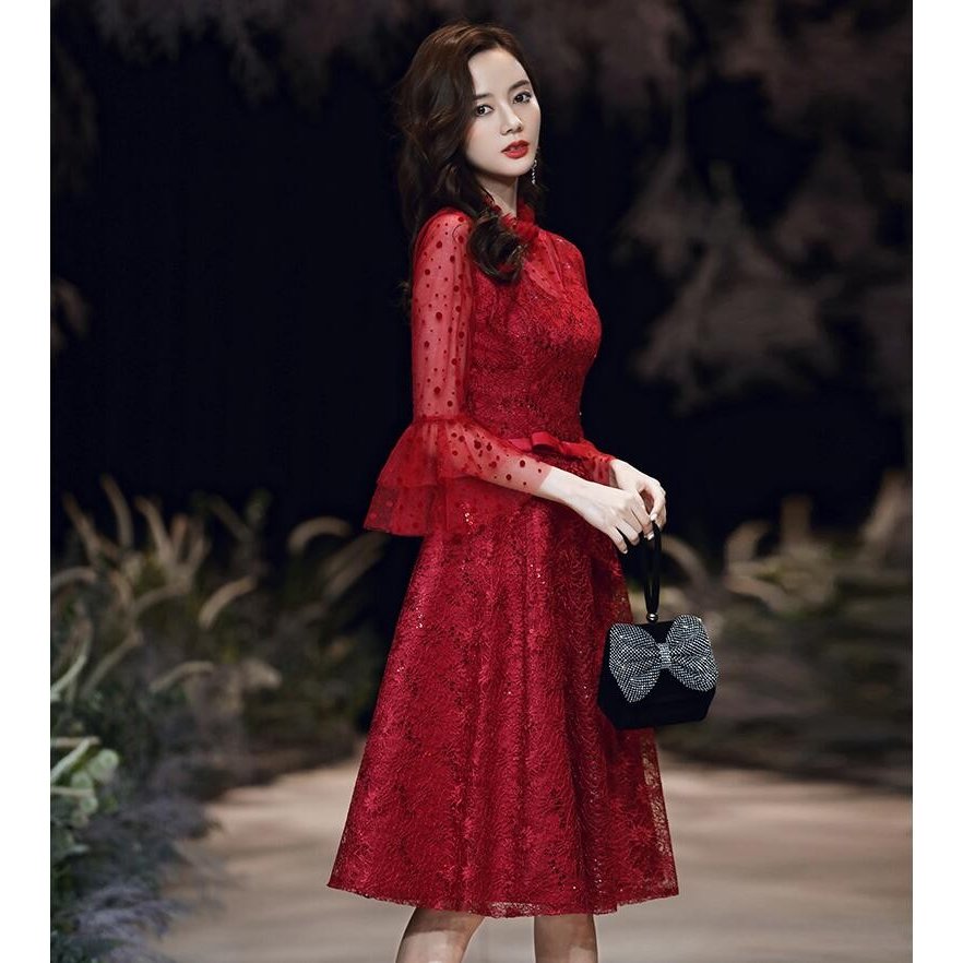 ウエディングドレス aラインワンピース 立ち襟 パーティードレス ミモレ丈ドレス 大きいサイズ 結婚