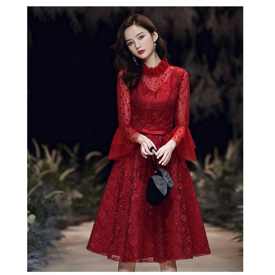 ウエディングドレス aラインワンピース 立ち襟 パーティードレス ミモレ丈ドレス 大きいサイズ 結婚