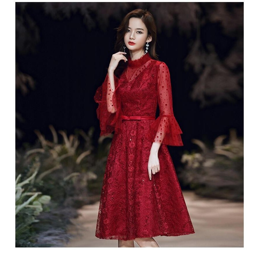 ウエディングドレス aラインワンピース 立ち襟 パーティードレス ミモレ丈ドレス 大きいサイズ 結婚