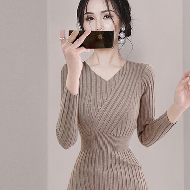 リブニットワンピース 長袖ニットワンピース カジュアルニット Vネックワンピース スカート ワンピース ニットソー セーター プルオーバー オールインワン ロングスカート タイトスカート