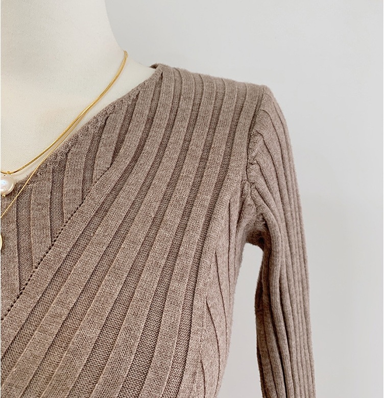 リブニットワンピース 長袖ニットワンピース カジュアルニット Vネックワンピース スカート ワンピース ニットソー セーター プルオーバー オールインワン ロングスカート タイトスカート