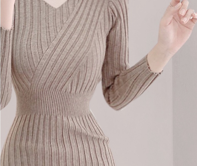 リブニットワンピース 長袖ニットワンピース カジュアルニット Vネックワンピース スカート ワンピース ニットソー セーター プルオーバー オールインワン ロングスカート タイトスカート