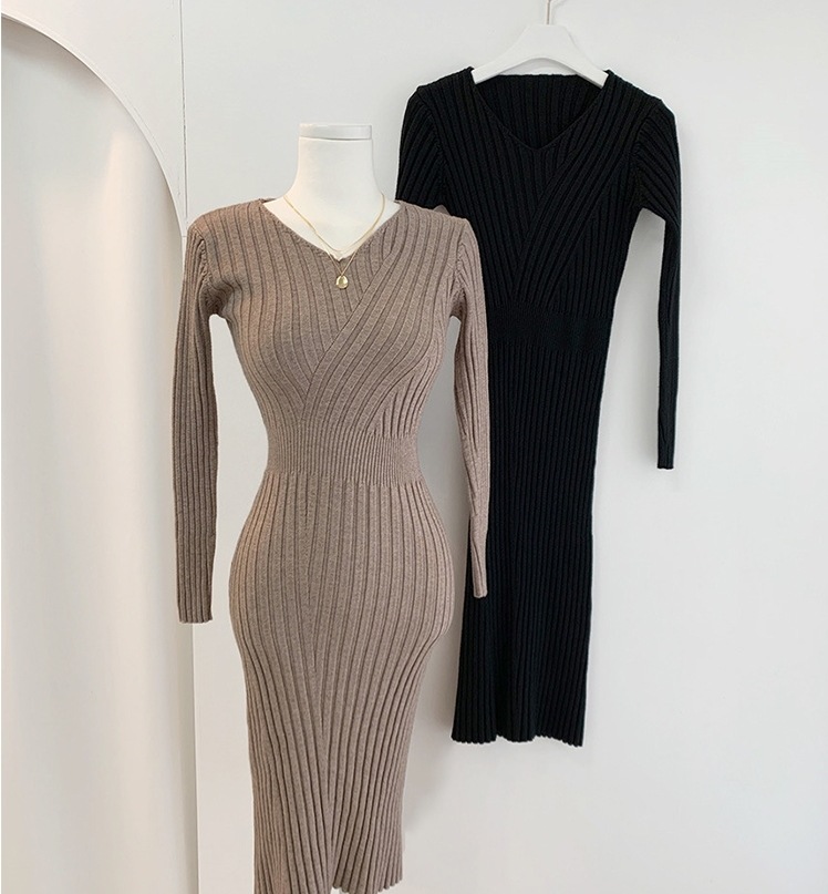 リブニットワンピース 長袖ニットワンピース カジュアルニット Vネックワンピース スカート ワンピース ニットソー セーター プルオーバー オールインワン ロングスカート タイトスカート