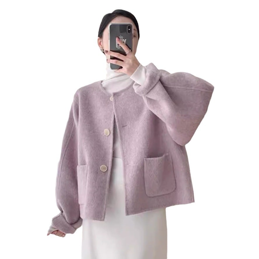 ウールタートルネックリバーシブルウールコートゆったりシングルブレスト婦人コート