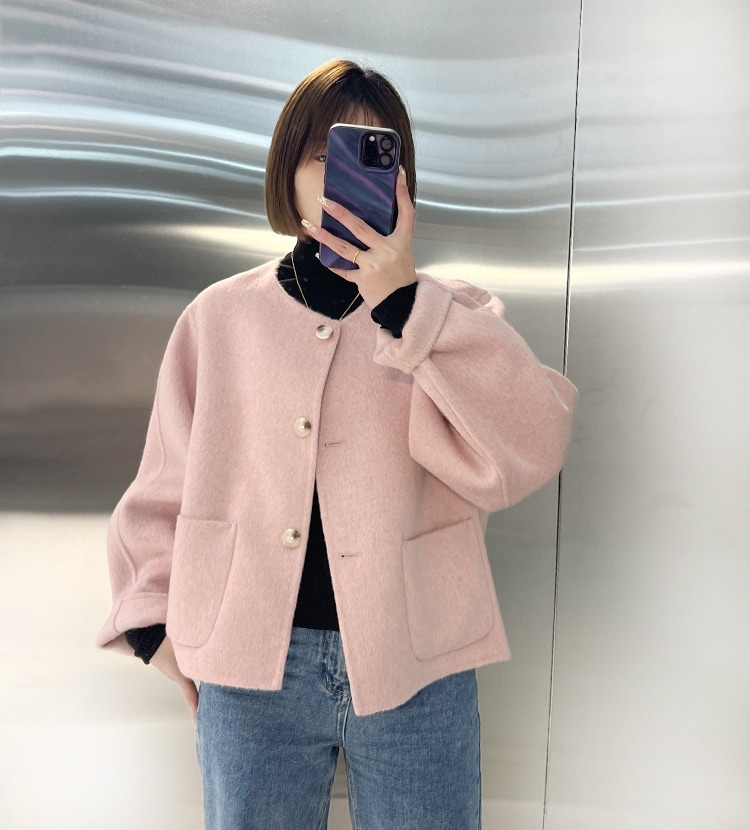 ウールタートルネックリバーシブルウールコートゆったりシングルブレスト婦人コート