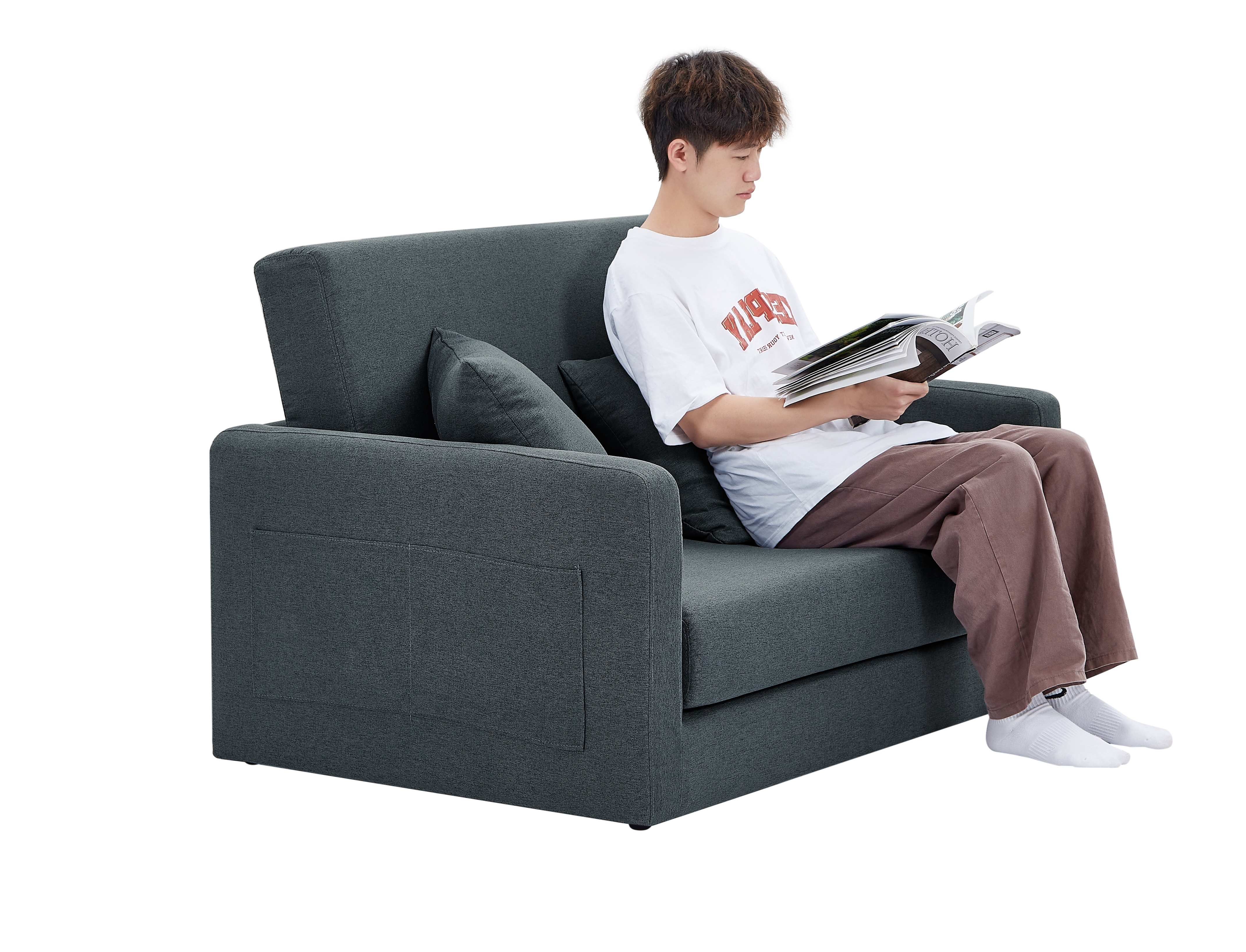 ソファ 2人掛け 収納付き ファブリック 両側に肘掛け付き 木脚外し可能 ローソファ コンパクト ひとり暮らし カウチソファー