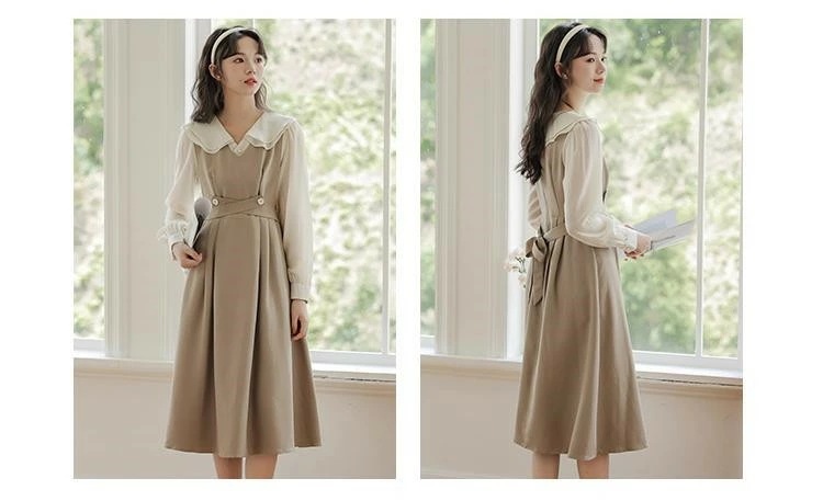 ワンピース レディース ワンピ ジャンパースカート ビッグカラー 長袖 ロング ミモレ丈 秋物 かわいい