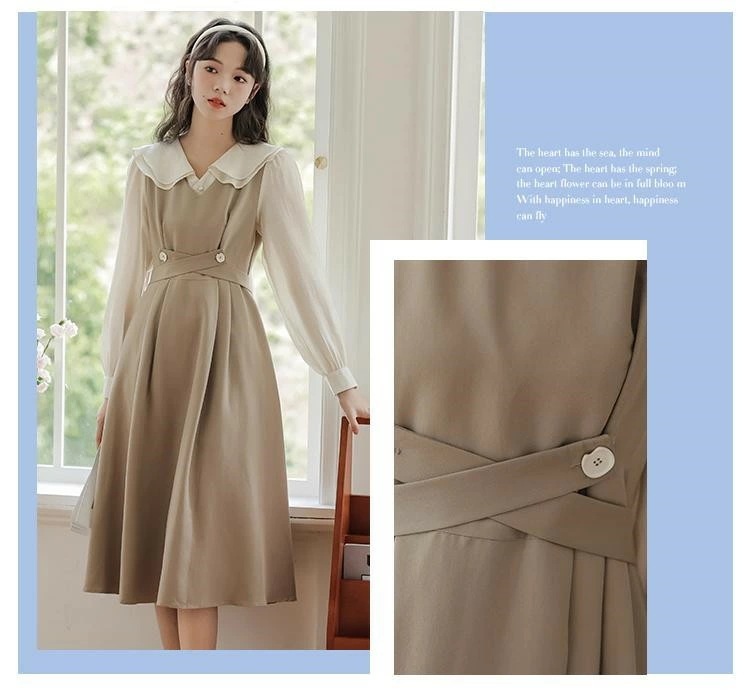 ワンピース レディース ワンピ ジャンパースカート ビッグカラー 長袖 ロング ミモレ丈 秋物 かわいい