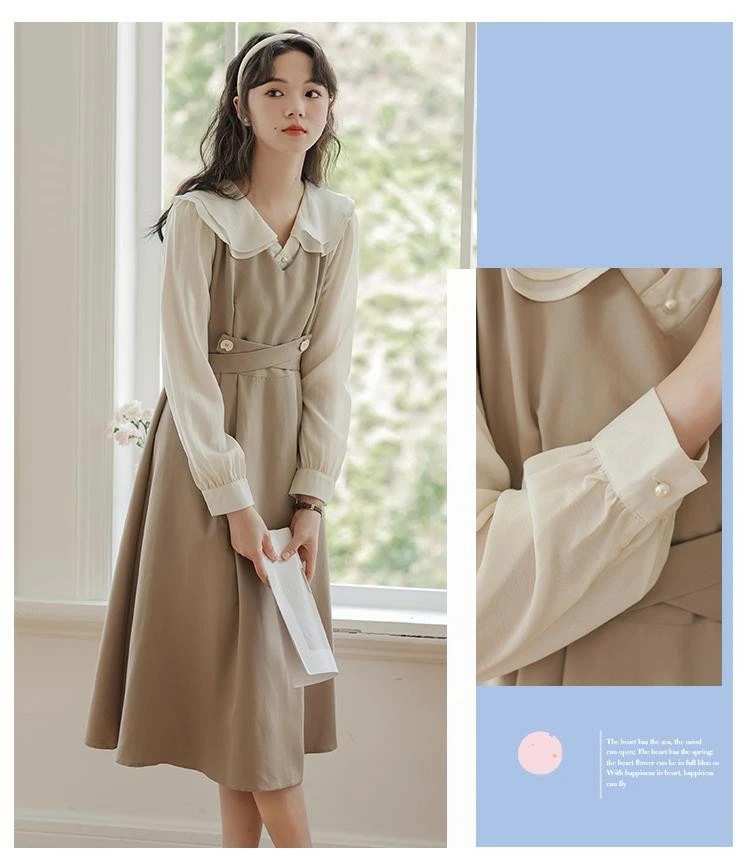 ワンピース レディース ワンピ ジャンパースカート ビッグカラー 長袖 ロング ミモレ丈 秋物 かわいい