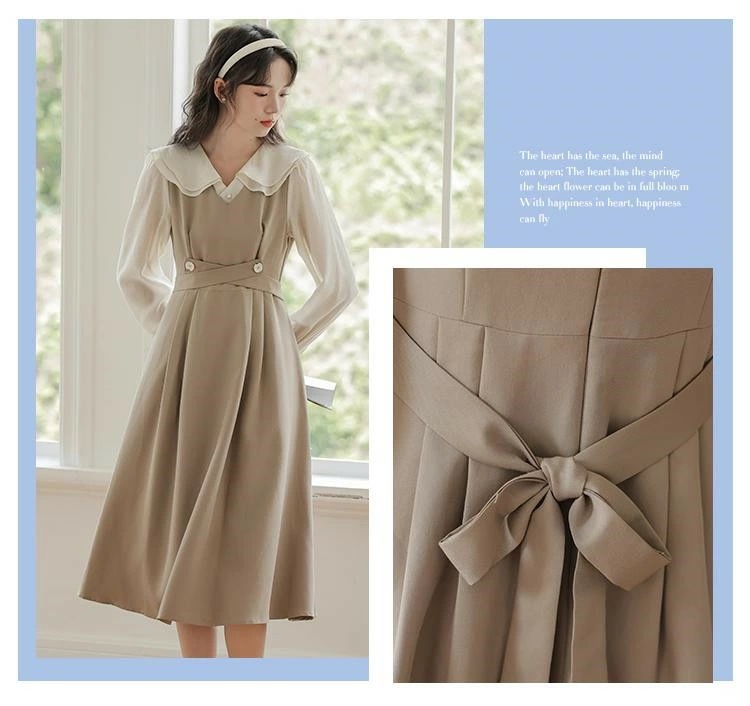 ワンピース レディース ワンピ ジャンパースカート ビッグカラー 長袖 ロング ミモレ丈 秋物 かわいい