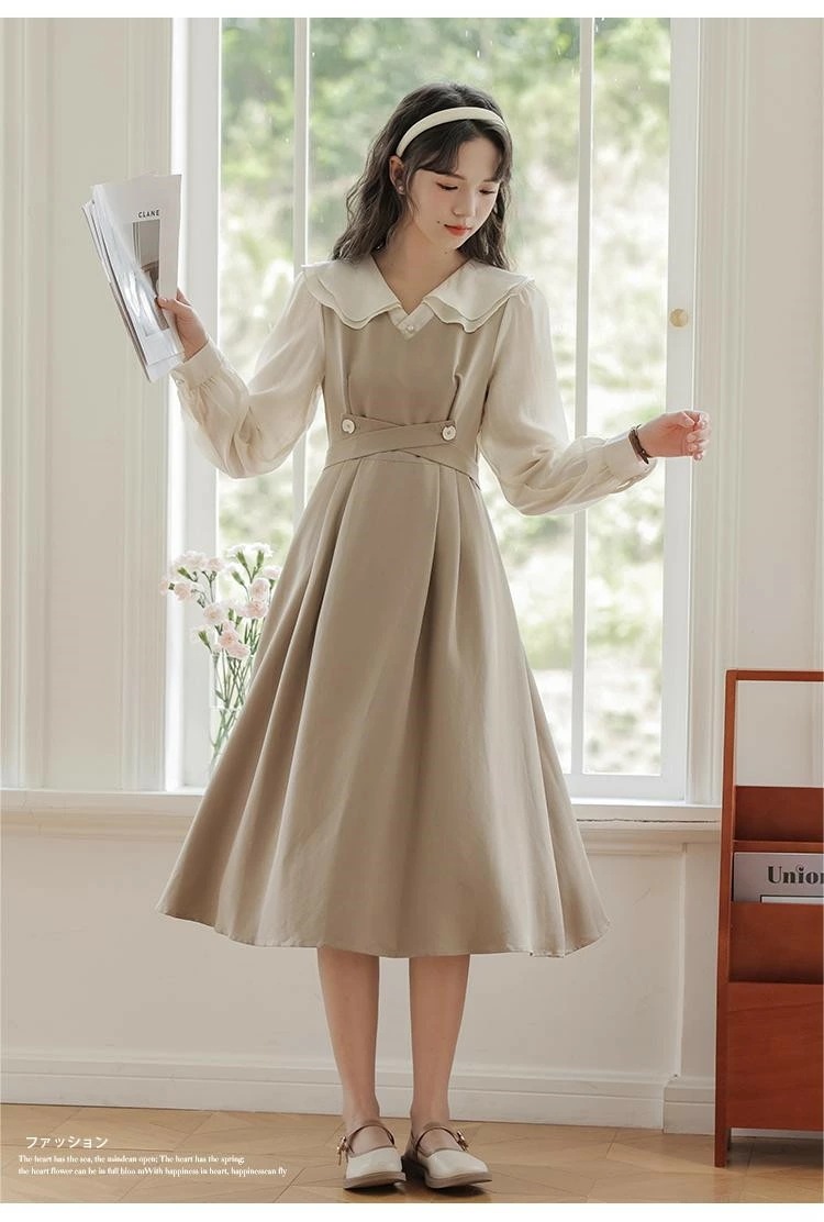 ワンピース レディース ワンピ ジャンパースカート ビッグカラー 長袖 ロング ミモレ丈 秋物 かわいい