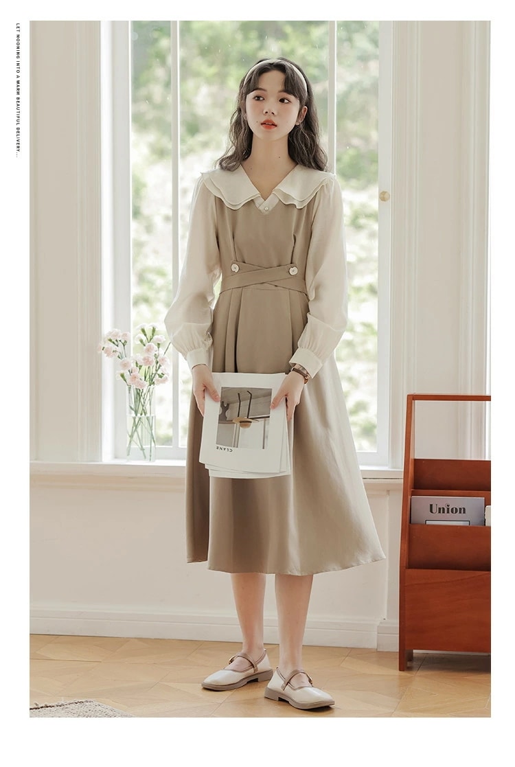 ワンピース レディース ワンピ ジャンパースカート ビッグカラー 長袖 ロング ミモレ丈 秋物 かわいい