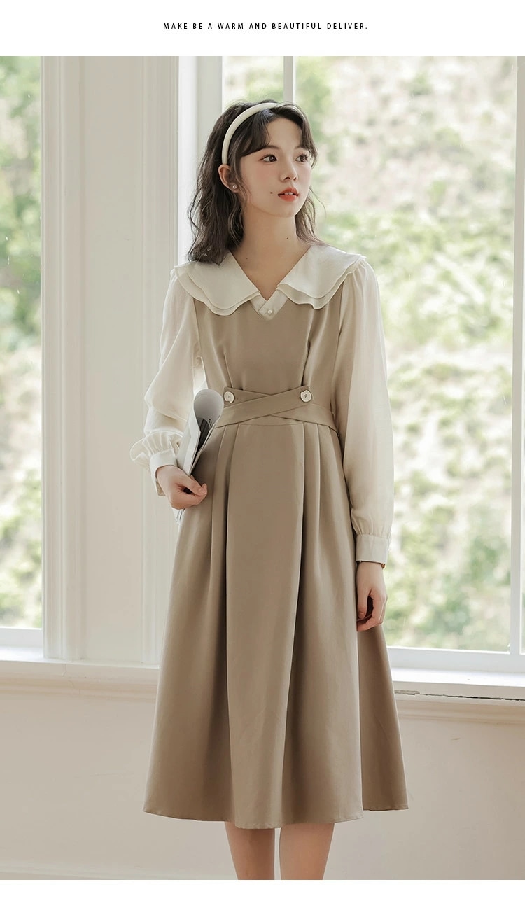 ワンピース レディース ワンピ ジャンパースカート ビッグカラー 長袖 ロング ミモレ丈 秋物 かわいい