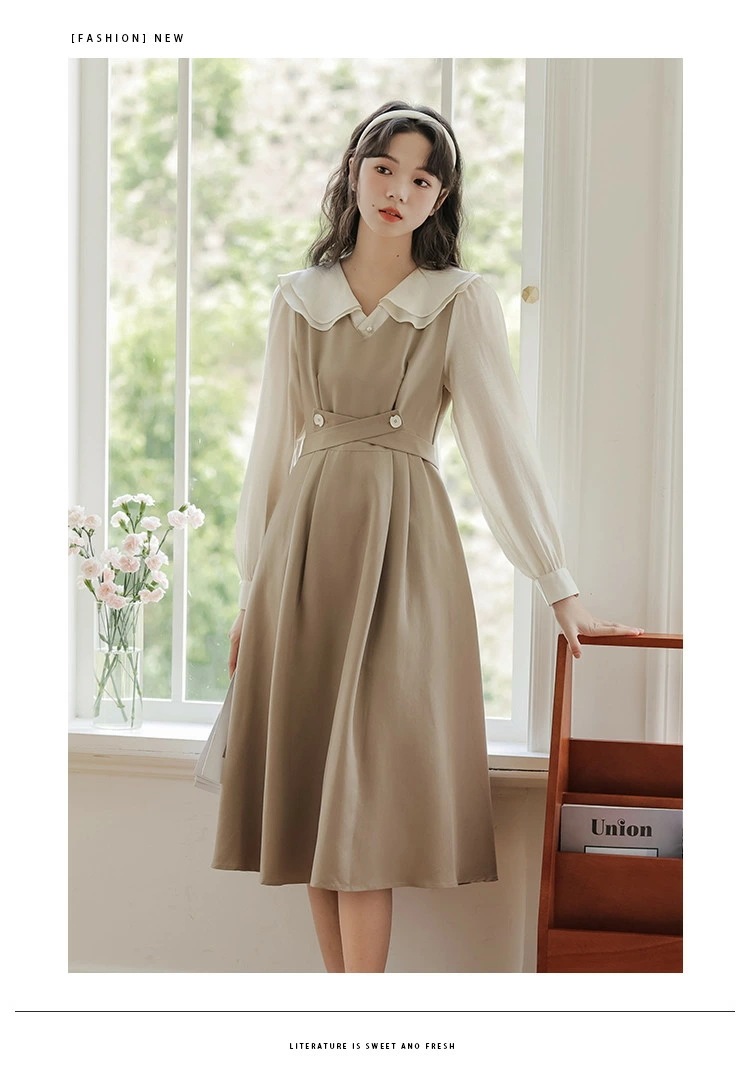 ワンピース レディース ワンピ ジャンパースカート ビッグカラー 長袖 ロング ミモレ丈 秋物 かわいい