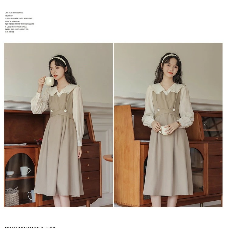 ワンピース レディース ワンピ ジャンパースカート ビッグカラー 長袖 ロング ミモレ丈 秋物 かわいい