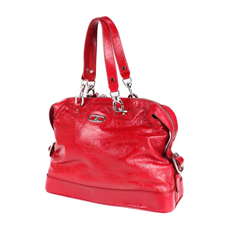美品 CELINE セリーヌ ハンドバッグ 131703 ショルダーバッグ トリオンフ シワ加工 パテントレザー レッド シルバー金具 トートバッグ エナメル 本物保証 中古