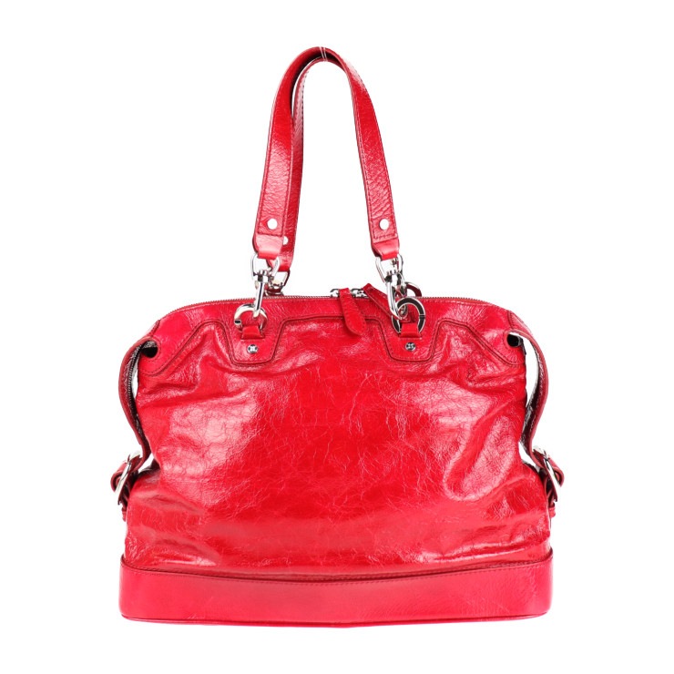 美品 CELINE セリーヌ ハンドバッグ 131703 ショルダーバッグ トリオンフ シワ加工 パテントレザー レッド シルバー金具 トートバッグ エナメル 本物保証 中古