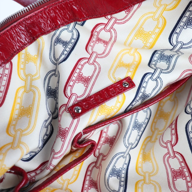 美品 CELINE セリーヌ ハンドバッグ 131703 ショルダーバッグ トリオンフ シワ加工 パテントレザー レッド シルバー金具 トートバッグ エナメル 本物保証 中古