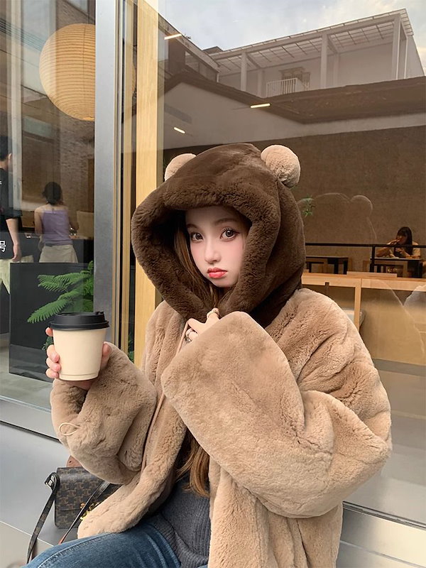 Qoo10] ふわふわくま ボアブルゾン レディース