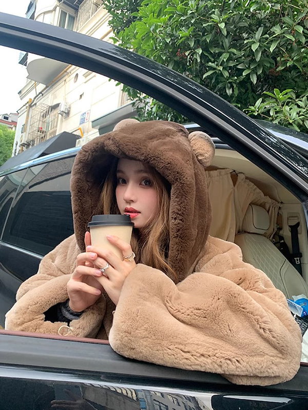 Qoo10] ふわふわくま ボアブルゾン レディース