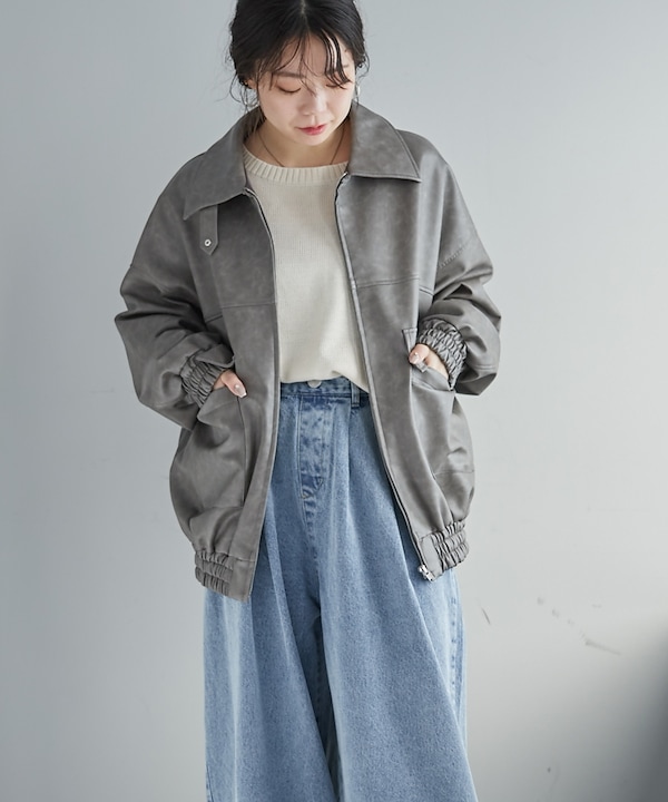 こぶた　OM ジャケット　グレー38 Qoo10 OLIVE des OLIVE 【今欲しい！】合皮ブルゾン ミドル ポケ