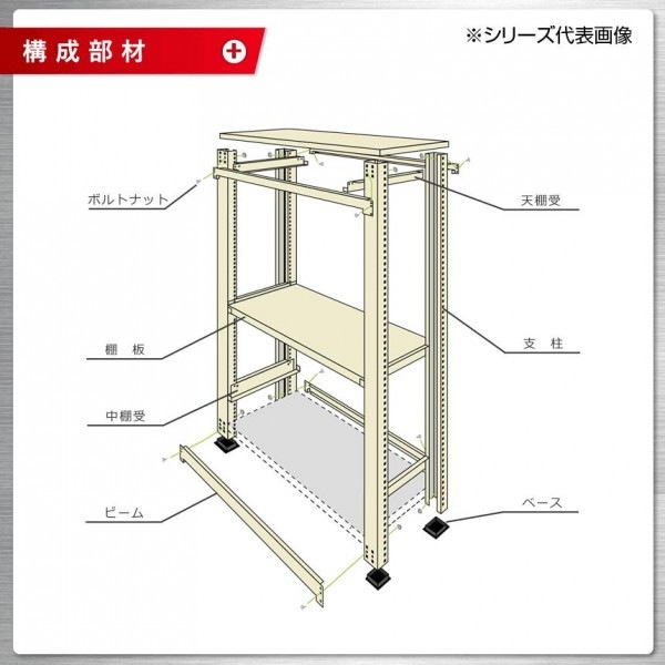 軽中量ラック 耐荷重200kgタイプ 単体 間口1200×奥行600×高さ1800mm 4段 アイボリー