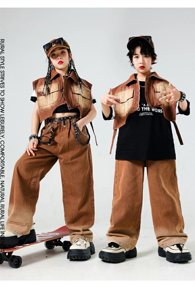 【急速出荷!】デニム キッズダンス ブラウン ラグランスリーブ ヒップホップ 女の子 男の子 デニムパンツ 半袖 デニムベスト パンツ ズボン ダンス衣装 ストリート系 ガールズ ジャッズ発表会 応援 【急速出荷!】デニム キッズダンス ブラウン ラグランスリーブ ヒップホップ 女の子 男の子 デニムパンツ 半袖 デニムベスト パンツ ズボン ダンス衣装 ストリート系 ガールズ ジャッズ発表会 応援