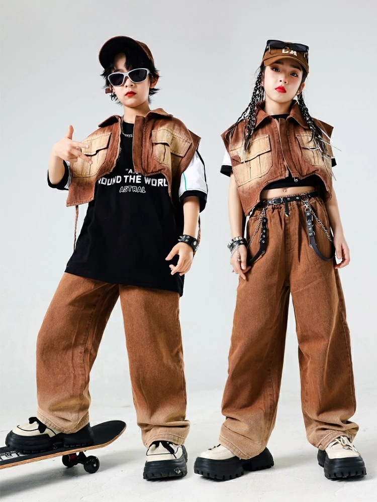 【急速出荷!】デニム キッズダンス ブラウン ラグランスリーブ ヒップホップ 女の子 男の子 デニムパンツ 半袖 デニムベスト パンツ ズボン ダンス衣装 ストリート系 ガールズ ジャッズ発表会 応援 【急速出荷!】デニム キッズダンス ブラウン ラグランスリーブ ヒップホップ 女の子 男の子 デニムパンツ 半袖 デニムベスト パンツ ズボン ダンス衣装 ストリート系 ガールズ ジャッズ発表会 応援