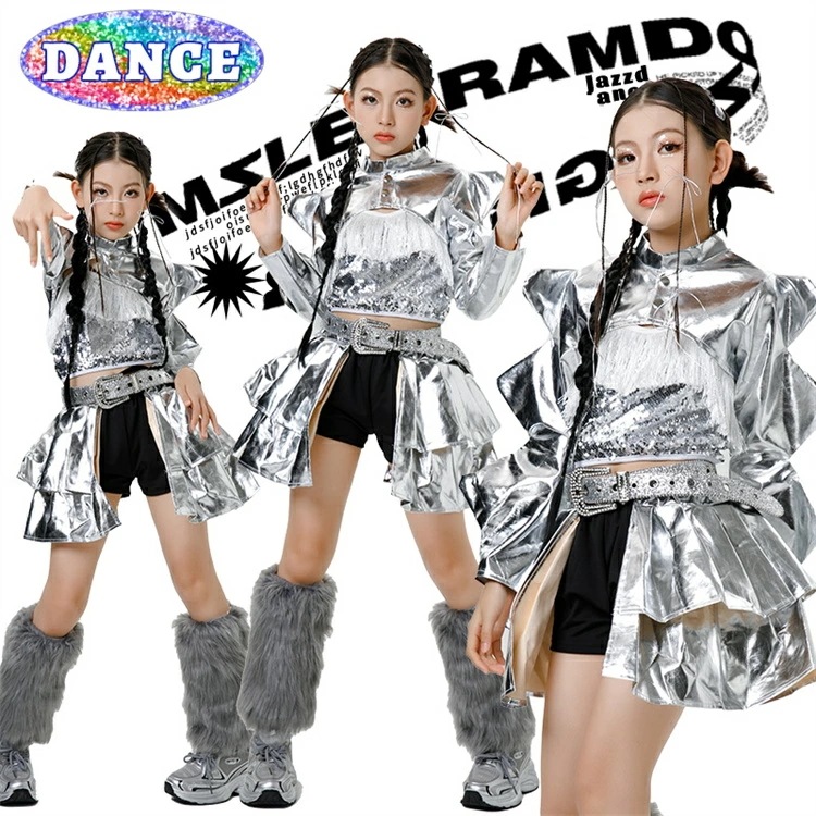 ダンス衣装 キッズ 女の子 セットアップ シルバーフリルトップス 光沢 キュロットスカート ファーレッグカバー ベルト付き パンク風 ジュニア 可愛い ヒップホップ ジャズ 発表会 練習着 ステージ衣