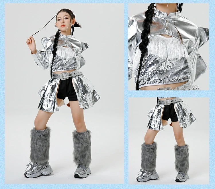 ダンス衣装 キッズ 女の子 セットアップ シルバーフリルトップス 光沢 キュロットスカート ファーレッグカバー ベルト付き パンク風 ジュニア 可愛い ヒップホップ ジャズ 発表会 練習着 ステージ衣