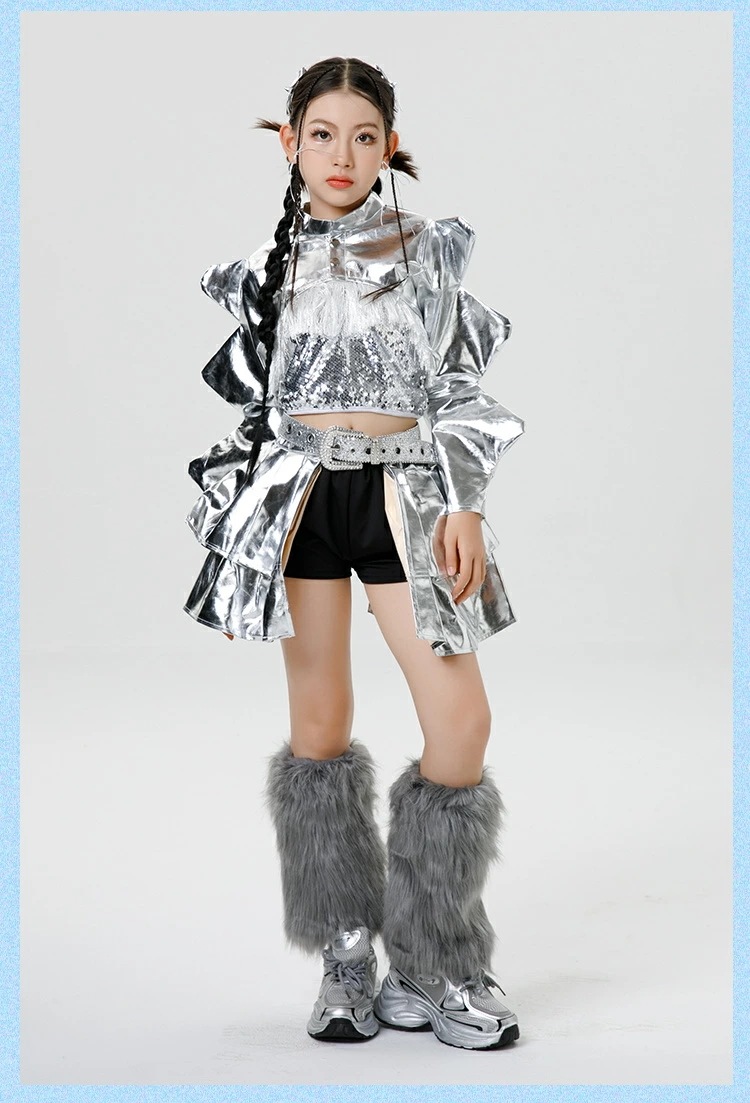 ダンス衣装 キッズ 女の子 セットアップ シルバーフリルトップス 光沢 キュロットスカート ファーレッグカバー ベルト付き パンク風 ジュニア 可愛い ヒップホップ ジャズ 発表会 練習着 ステージ衣