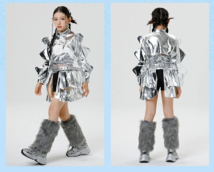 ダンス衣装 キッズ 女の子 セットアップ シルバーフリルトップス 光沢 キュロットスカート ファーレッグカバー ベルト付き パンク風 ジュニア 可愛い ヒップホップ ジャズ 発表会 練習着 ステージ衣