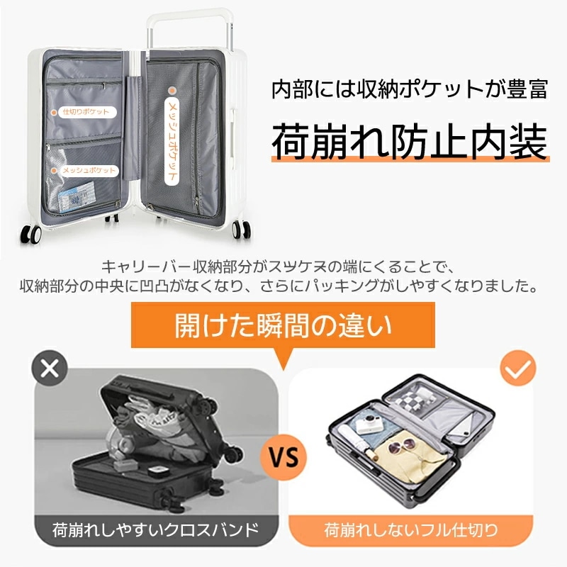 前開き スーツケース フレームタイプ USBポート キャリーケース Sサイズ キャリーバッグ 5カラー フロントオープン 2～3泊用 泊まる カップホルダー付き 軽量 大容量 トランク 修学旅行
