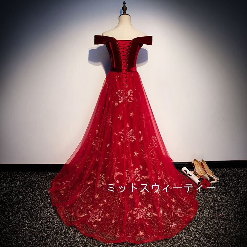 カラードレス ロング レッド カクテルドレス 演奏会 結婚式 イブニングドレス 二次会 発表会 ウエ