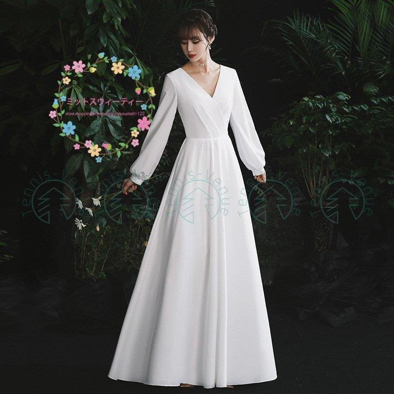 ウェディングドレス Aラインドレス 発表会 長袖 vネック パーティードレス 演奏会 ロングドレス